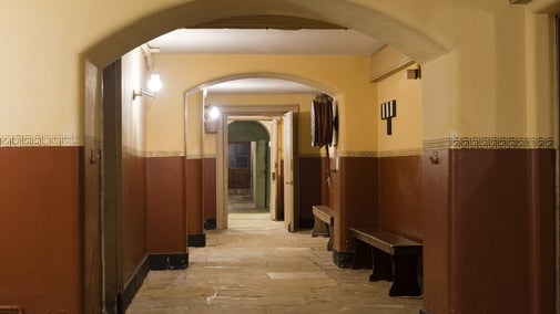 View along the Basement Corridor at Wimpole Hall, Cambridgeshire.